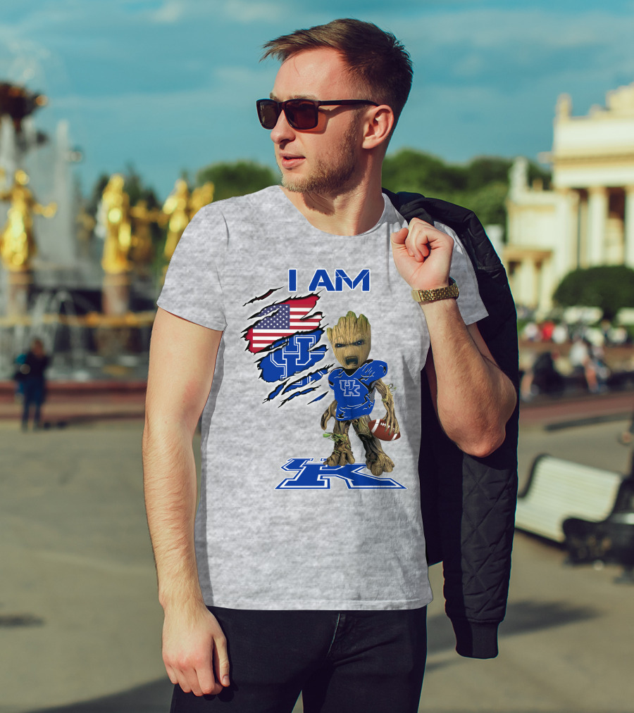 I AM Kentucky Baby Groot Football UK Logo American Flag T-Shirt