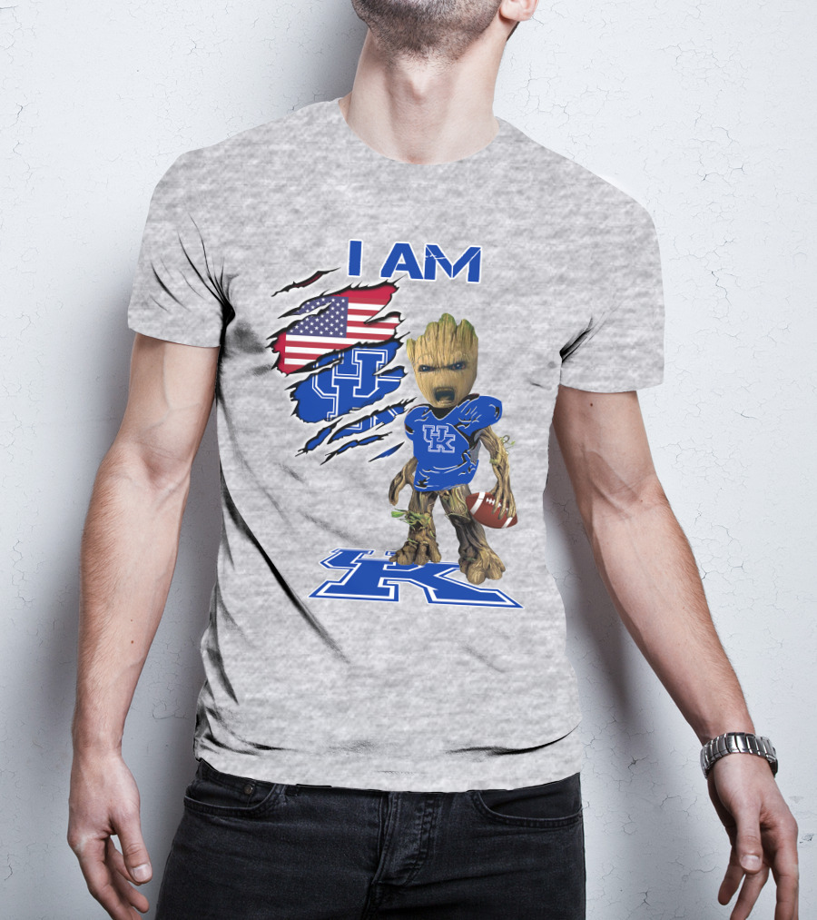 I AM Kentucky Baby Groot Football UK Logo American Flag T-Shirt