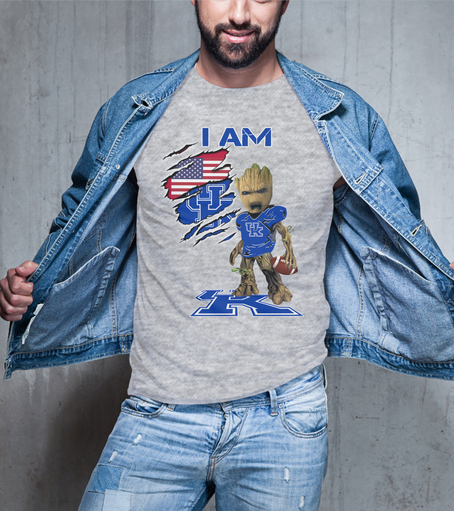 I AM Kentucky Baby Groot Football UK Logo American Flag T-Shirt