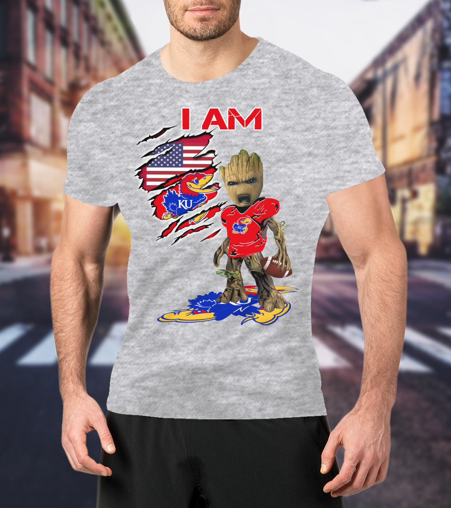 I AM KU Baby Groot Kansas Jayhawks Football Patriotic American Flag T-Shirt