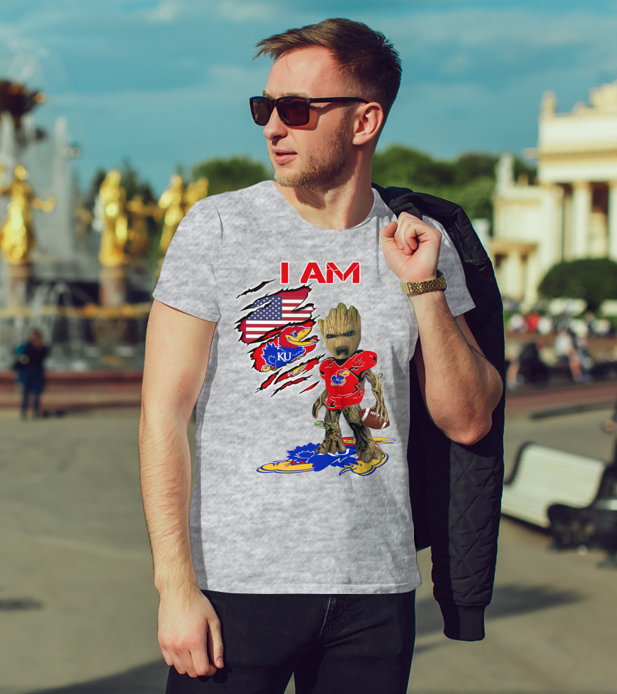 I AM KU Baby Groot Kansas Jayhawks Football Patriotic American Flag T-Shirt