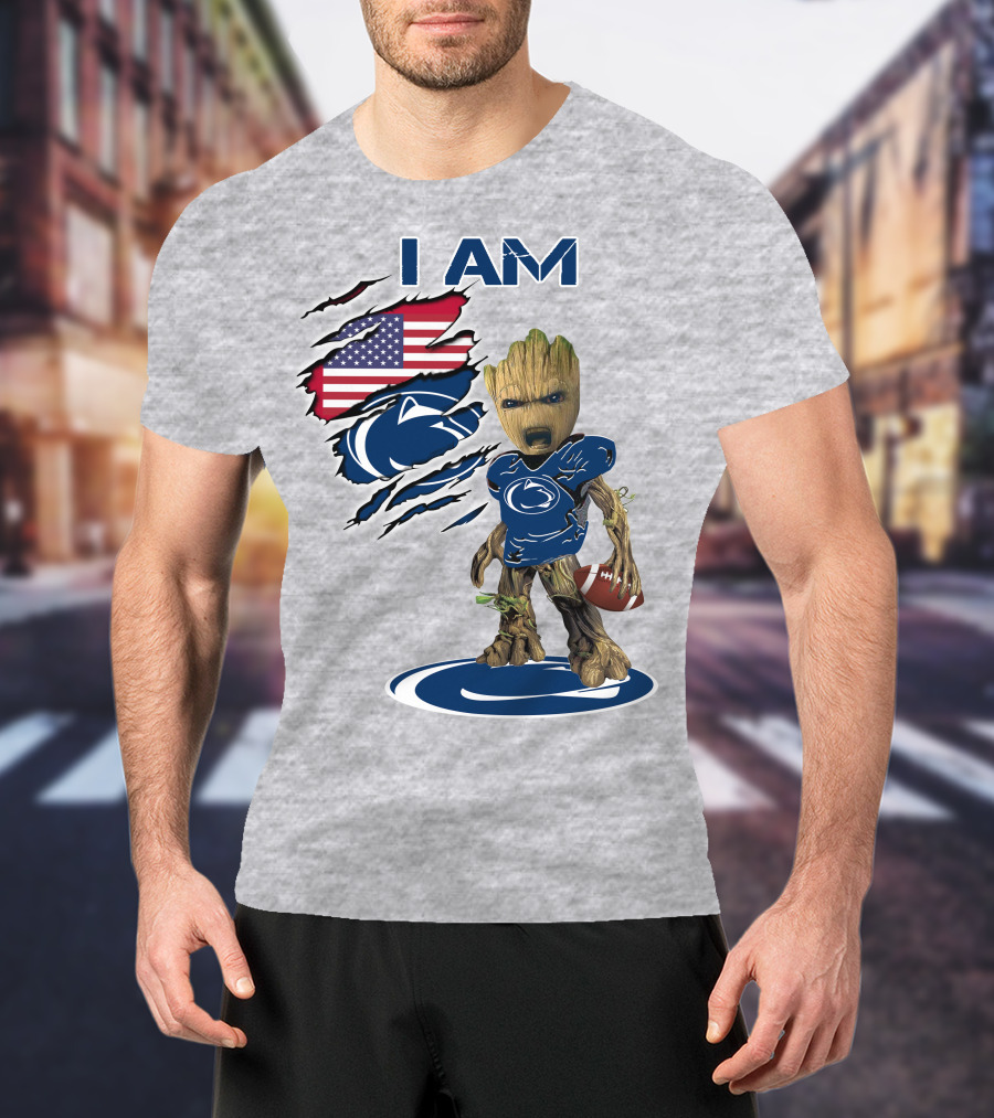 I Am Penn State Baby Groot American Flag Football T-Shirt