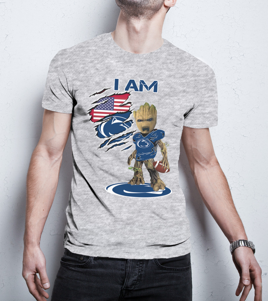 I Am Penn State Baby Groot American Flag Football T-Shirt
