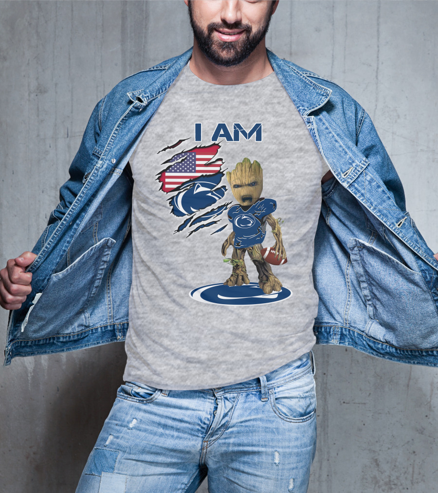 I Am Penn State Baby Groot American Flag Football T-Shirt