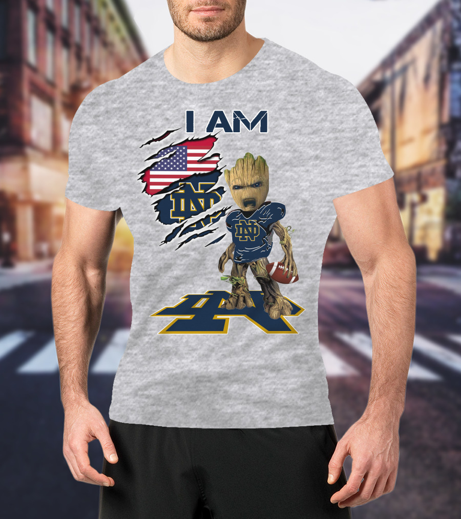 I Am Notre Dame Baby Groot American Flag Football T-Shirt