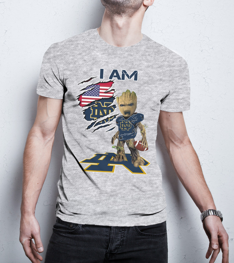 I Am Notre Dame Baby Groot American Flag Football T-Shirt