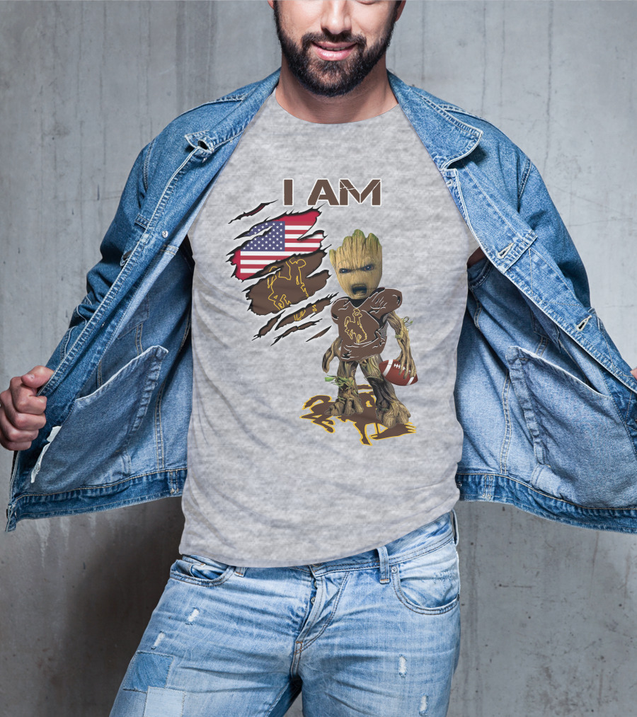 I AM Wyoming Baby Groot Football American Flag Cowboy T-Shirt
