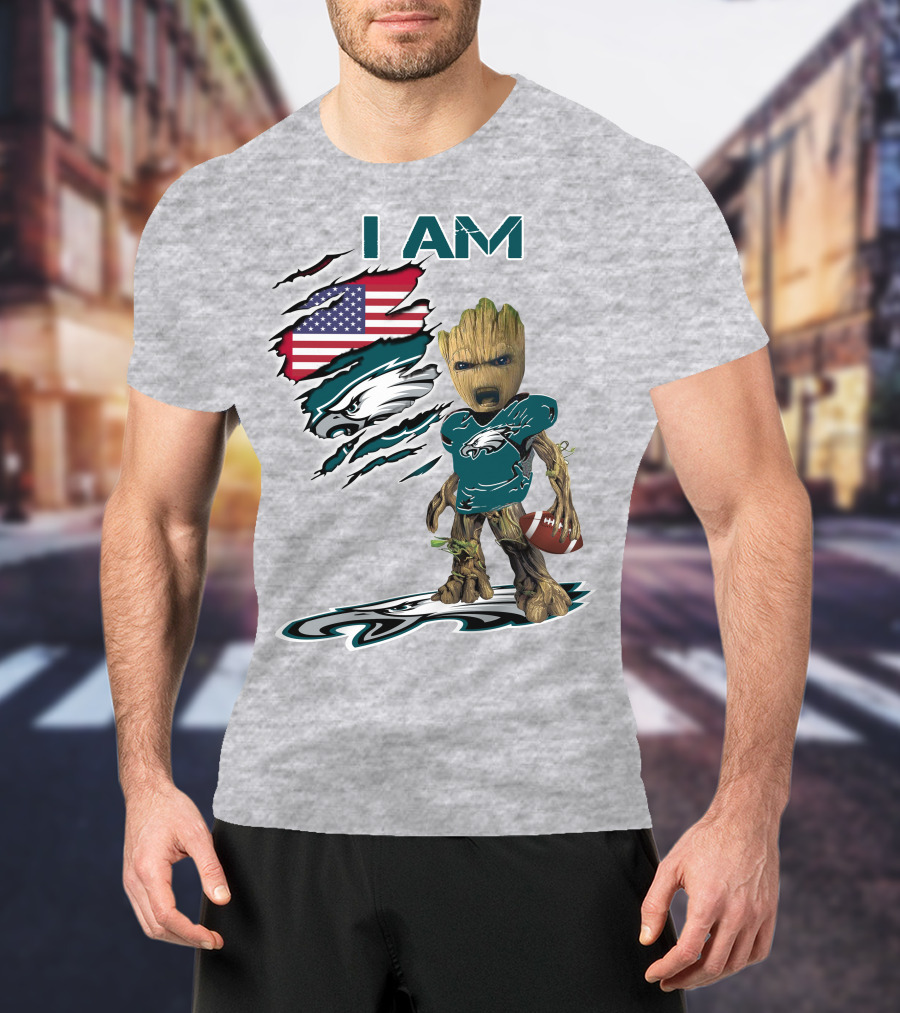 I Am Eagles Baby Groot Football American Flag T-Shirt