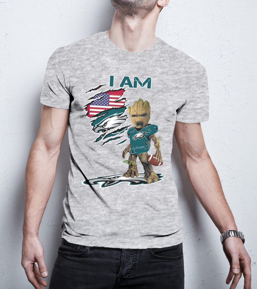I Am Eagles Baby Groot Football American Flag T-Shirt