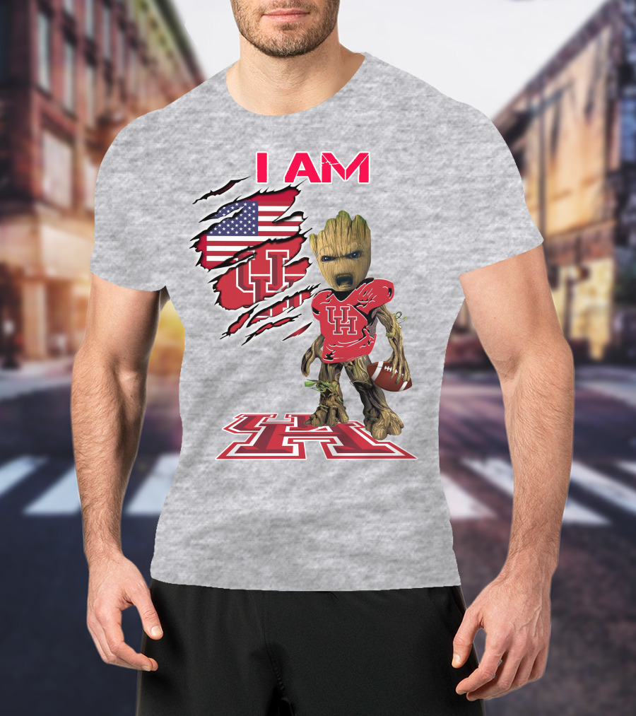 I AM Houtons Baby Groot UH Football American Flag Background T-Shirt