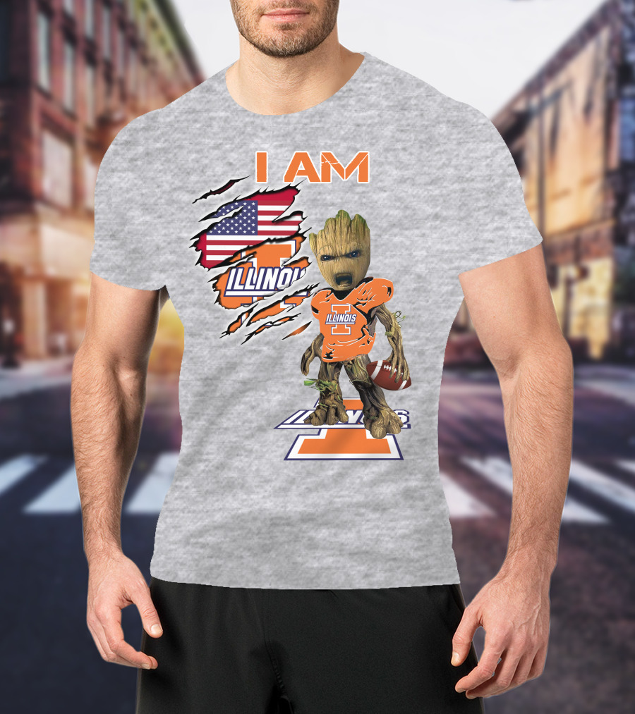 I AM Illinois Baby Groot Football American Flag T-Shirt