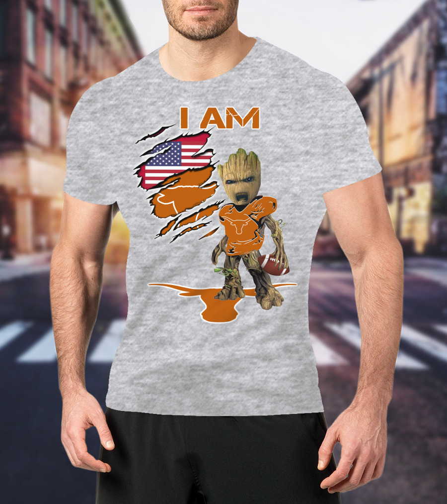 I AM Longhorn Baby Groot Football USA Flag T-Shirt