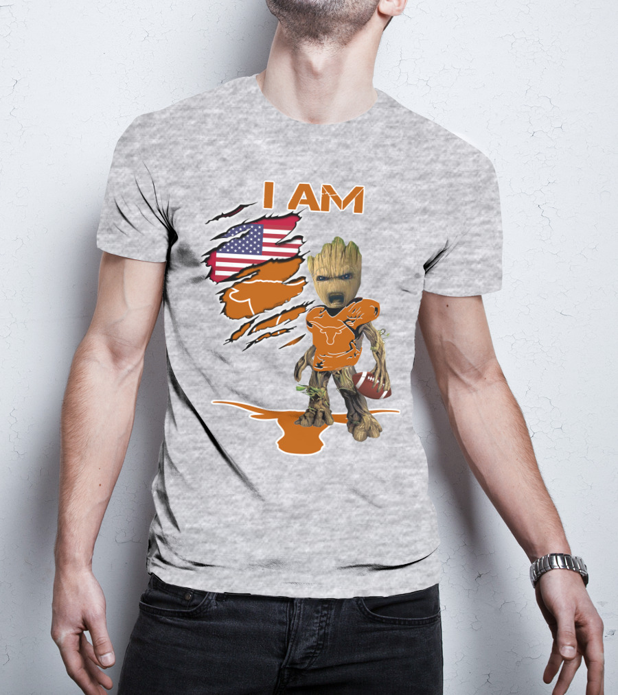 I AM Longhorn Baby Groot Football USA Flag T-Shirt