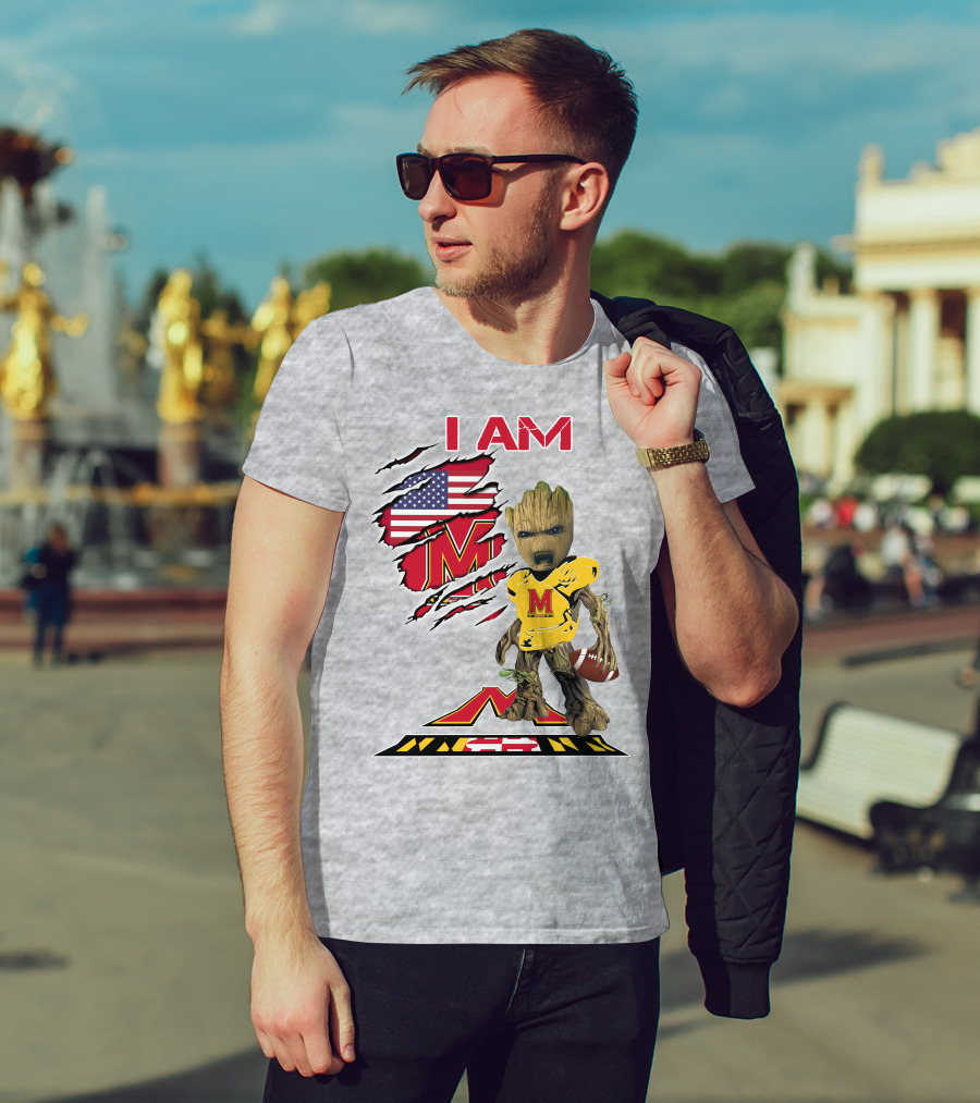 I AM Baby Groot Maryland Football American Flag M T-Shirt