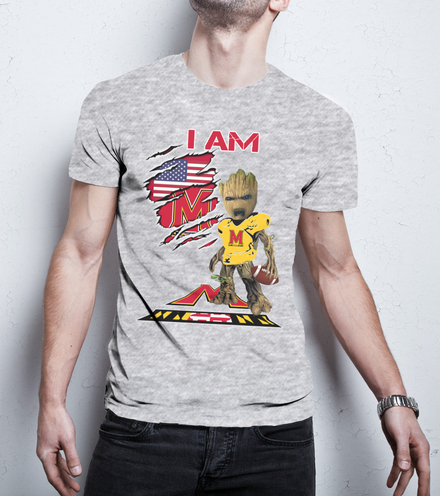 I AM Baby Groot Maryland Football American Flag M T-Shirt