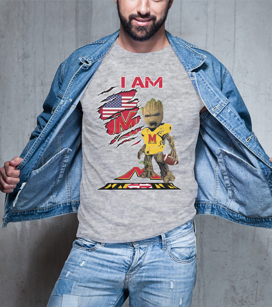 I AM Baby Groot Maryland Football American Flag M T-Shirt