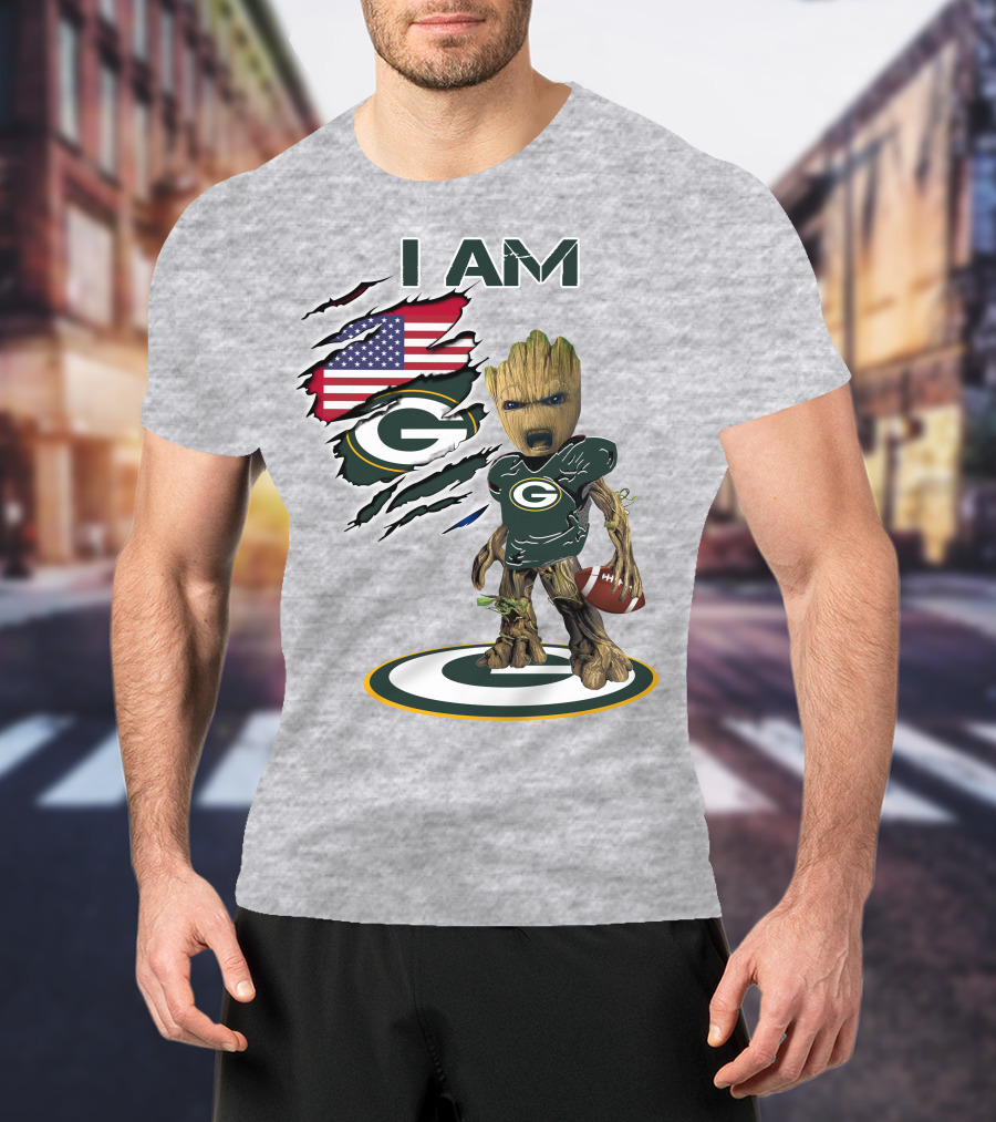 I Am Packers Baby Groot American Flag Football T-Shirt
