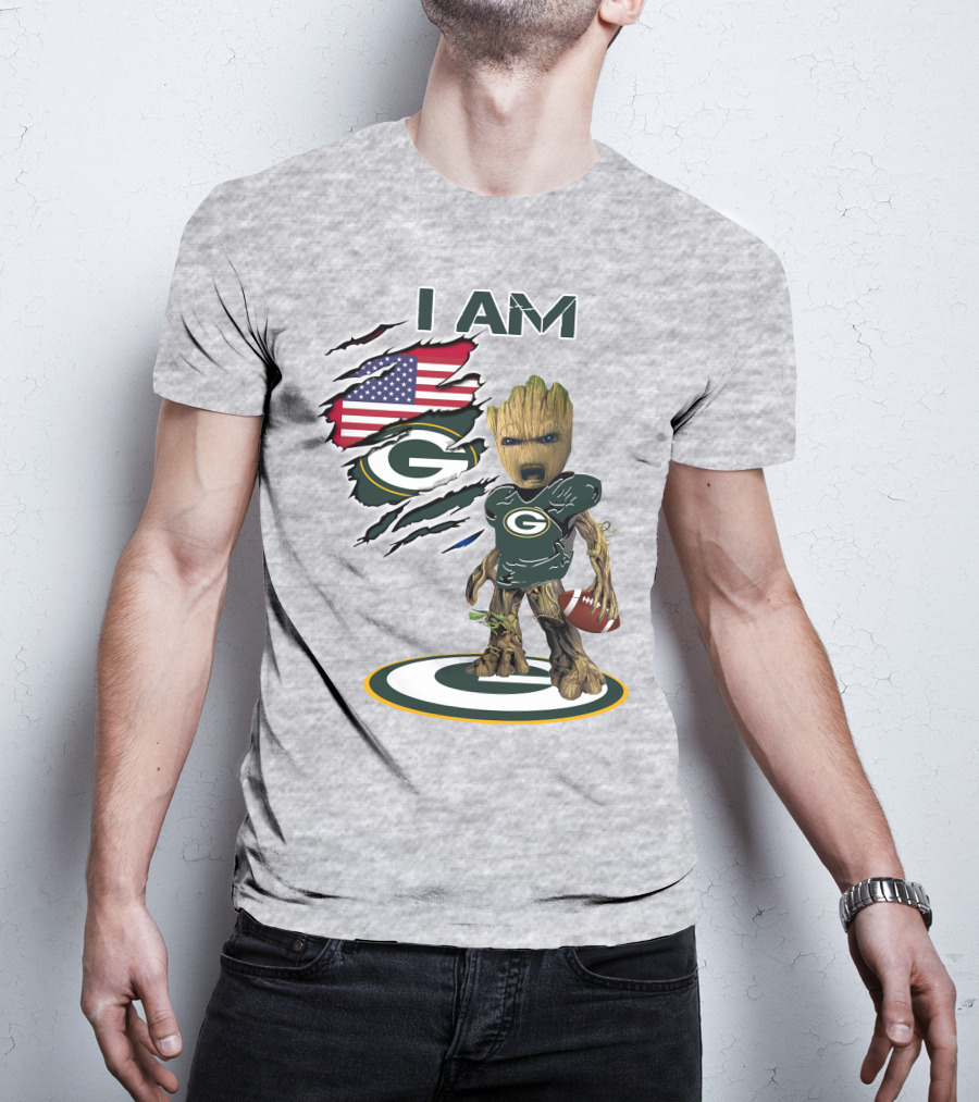 I Am Packers Baby Groot American Flag Football T-Shirt