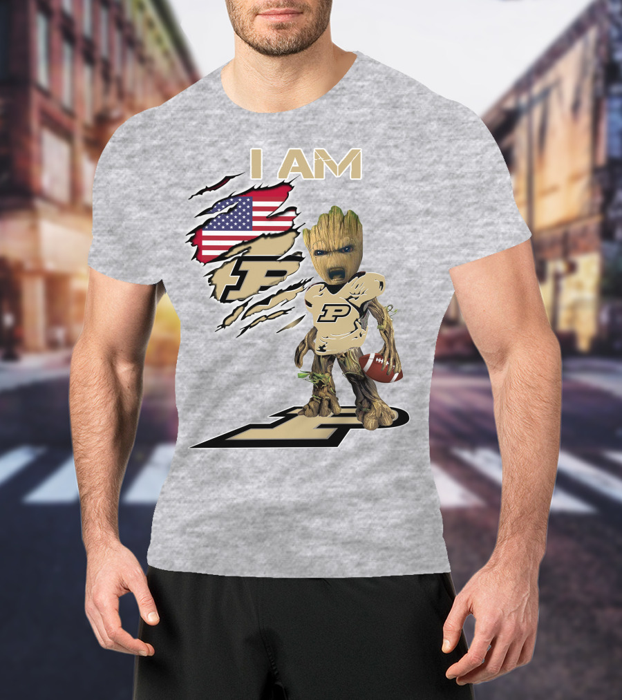 I AM Purdue Baby Groot Football American Flag P T-Shirt