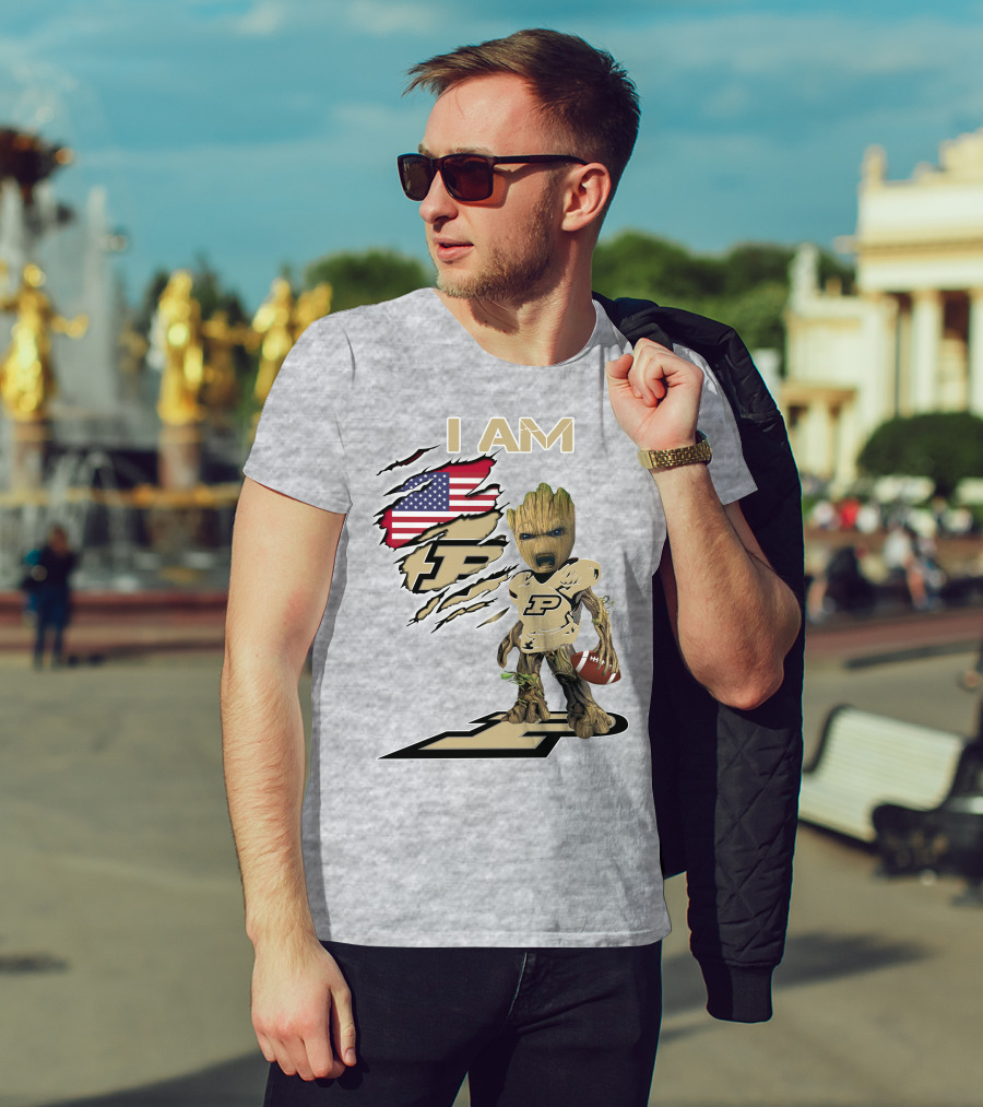 I AM Purdue Baby Groot Football American Flag P T-Shirt
