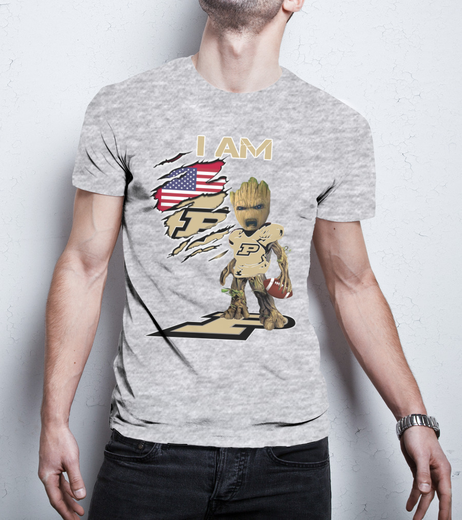 I AM Purdue Baby Groot Football American Flag P T-Shirt