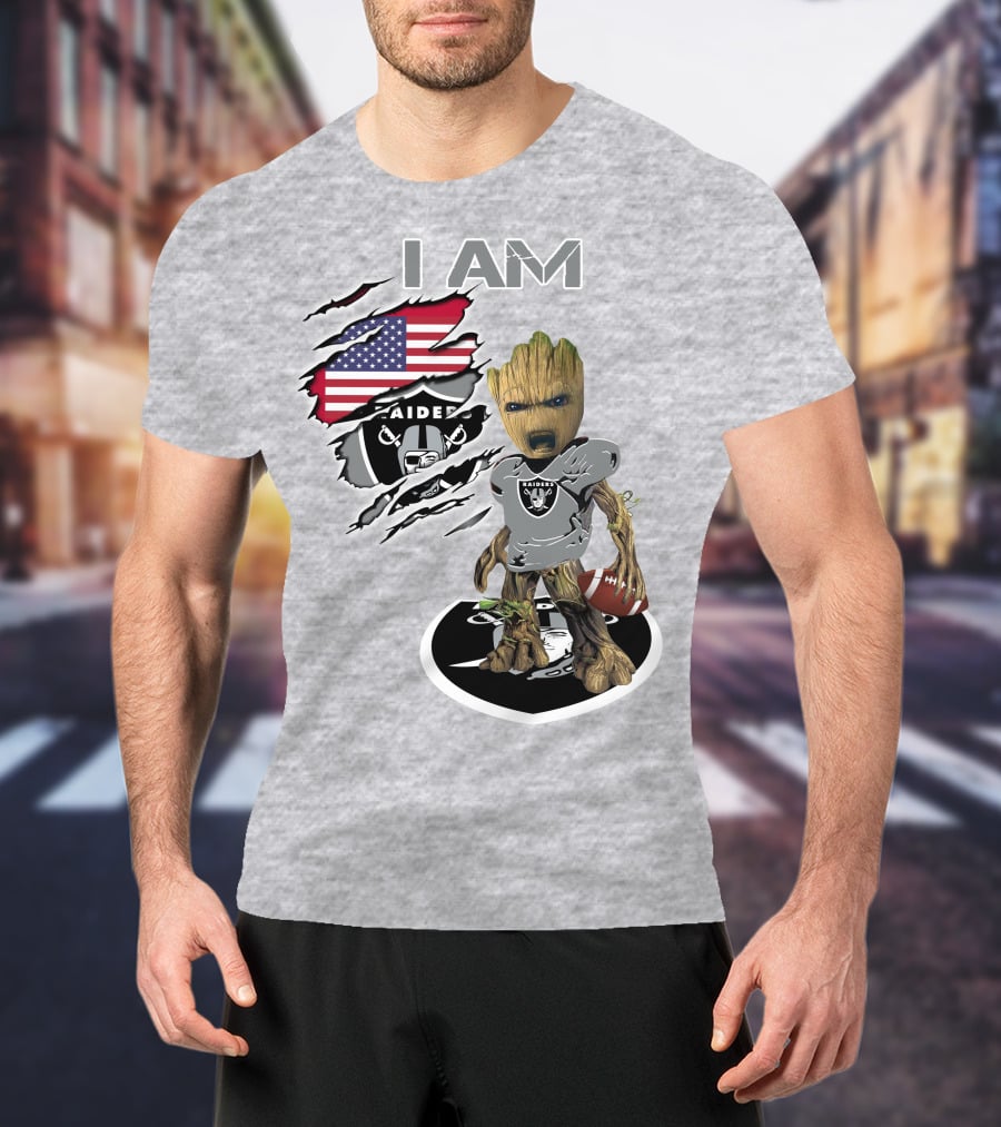 I Am Raiders Baby Groot American Flag Football T-Shirt
