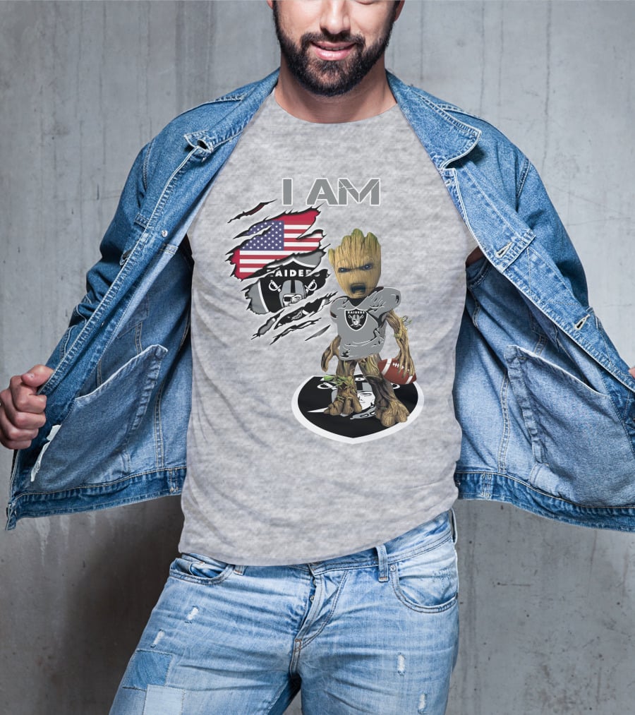 I Am Raiders Baby Groot American Flag Football T-Shirt