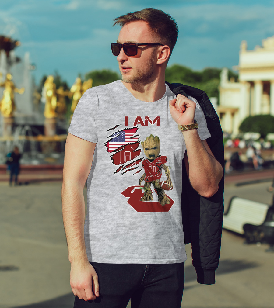 I Am Baby Groot OU Sooners Football USA Flag T-Shirt