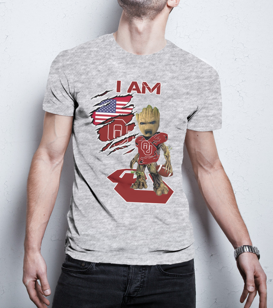 I Am Baby Groot OU Sooners Football USA Flag T-Shirt