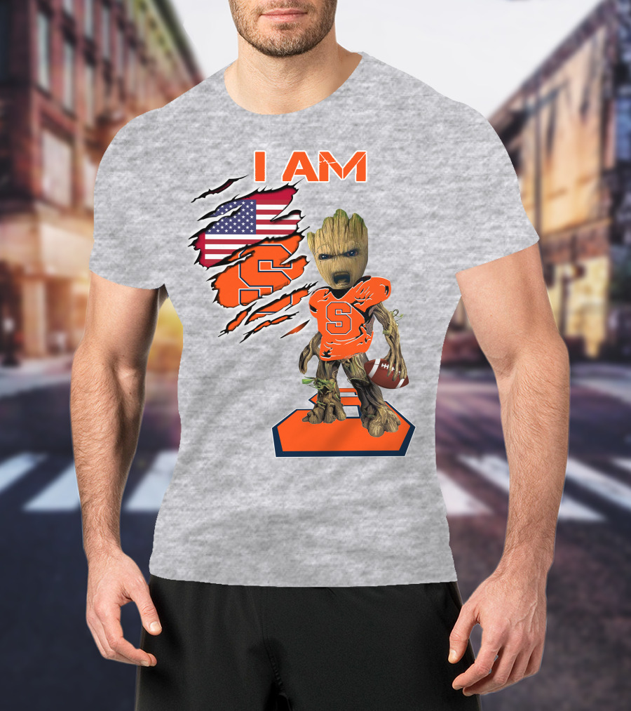 I Am Syracuse Baby Groot American Football Player With Flag And Orange S T-Shirt