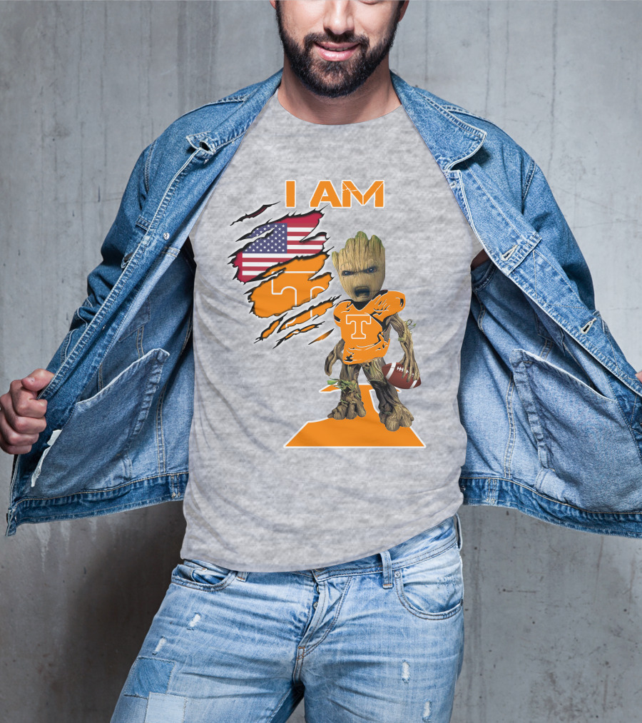 I AM Tennessee Baby Groot Football American Flag T-Shirt