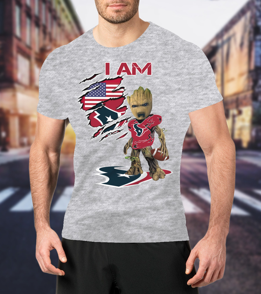 I Am Texans Baby Groot Football Usa Flag T-Shirt