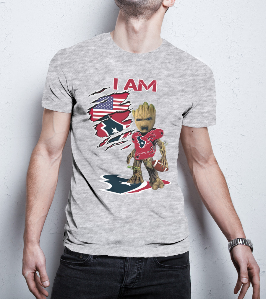 I Am Texans Baby Groot Football Usa Flag T-Shirt