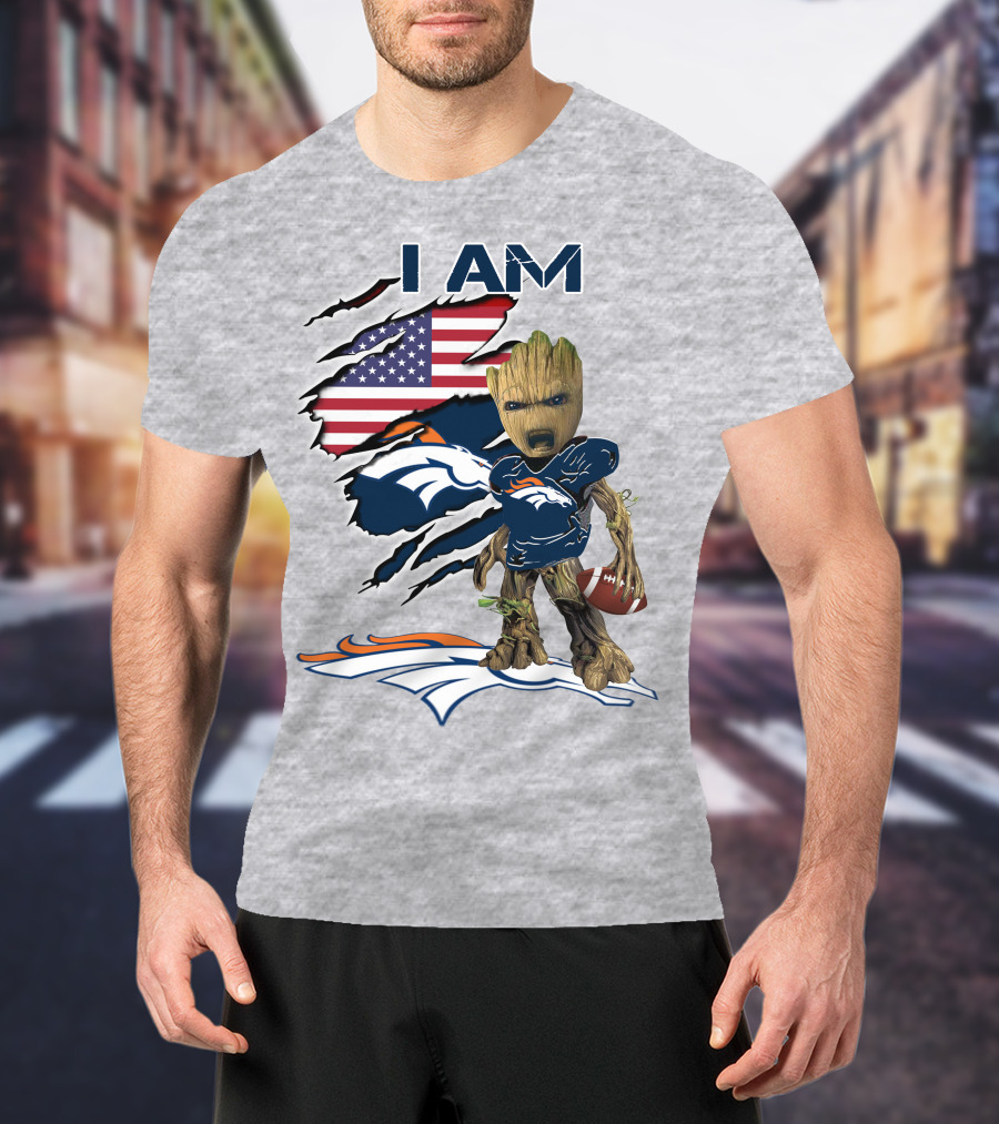 I Am Broncos Baby Groot American Flag Football T-Shirt