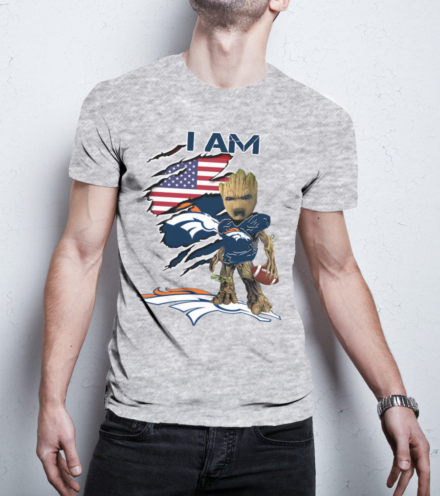 I Am Broncos Baby Groot American Flag Football T-Shirt