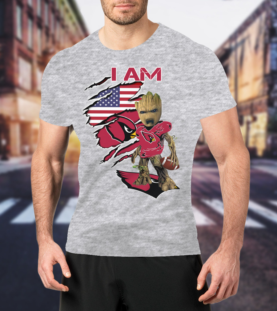 I Am Cardinals Baby Groot American Flag Football T-Shirt