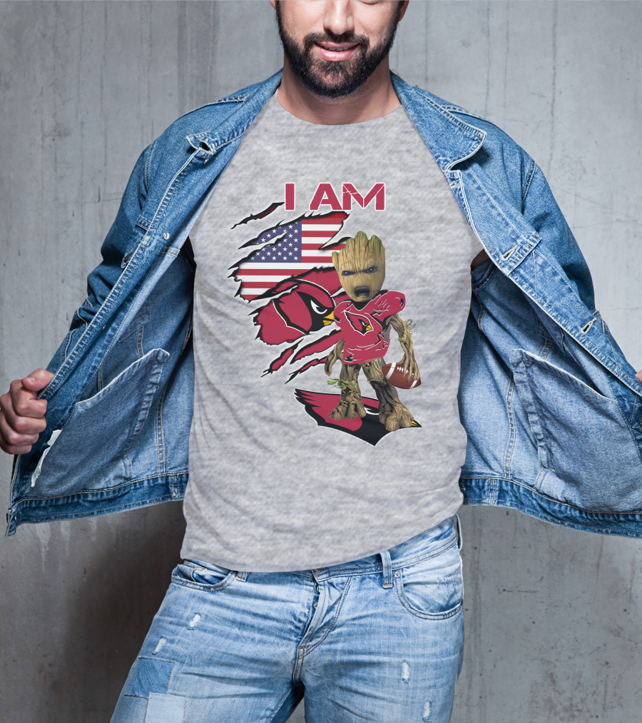 I Am Cardinals Baby Groot American Flag Football T-Shirt