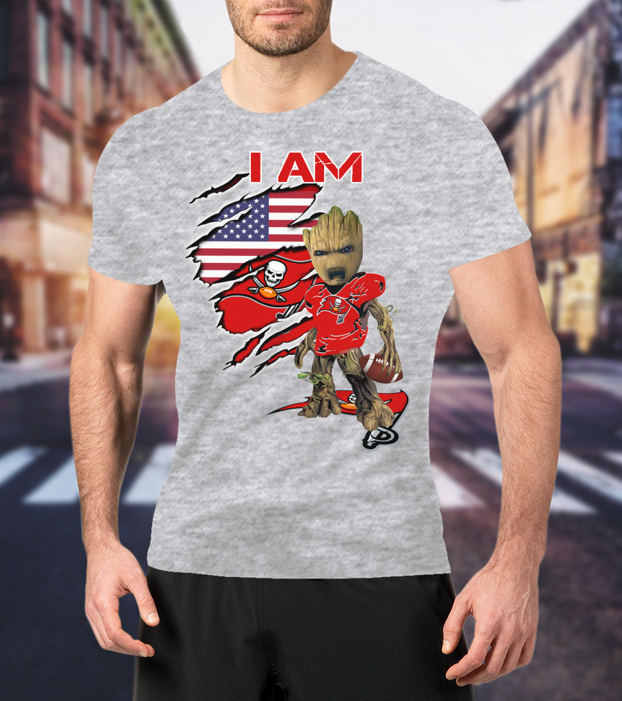 I Am Buc Baby Groot American Flag Football Buccaneers T-Shirt