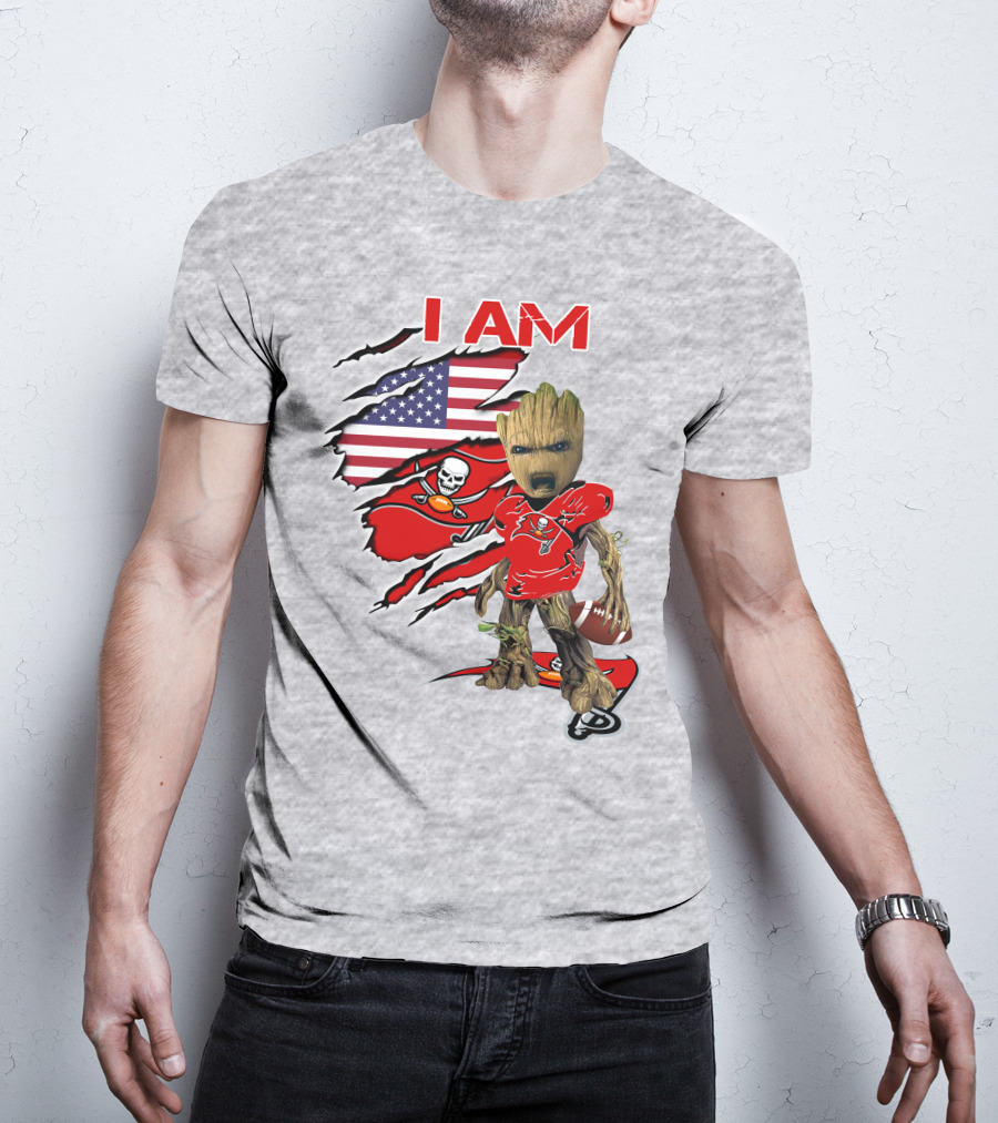 I Am Buc Baby Groot American Flag Football Buccaneers T-Shirt