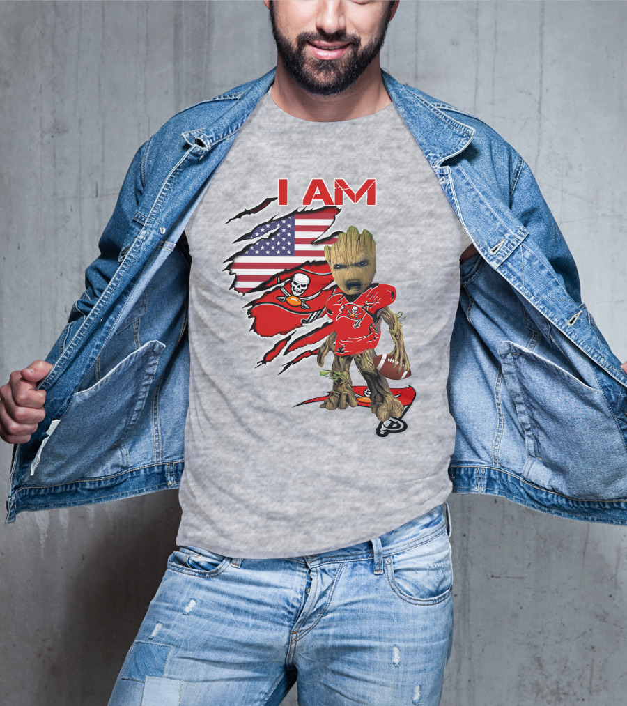 I Am Buc Baby Groot American Flag Football Buccaneers T-Shirt