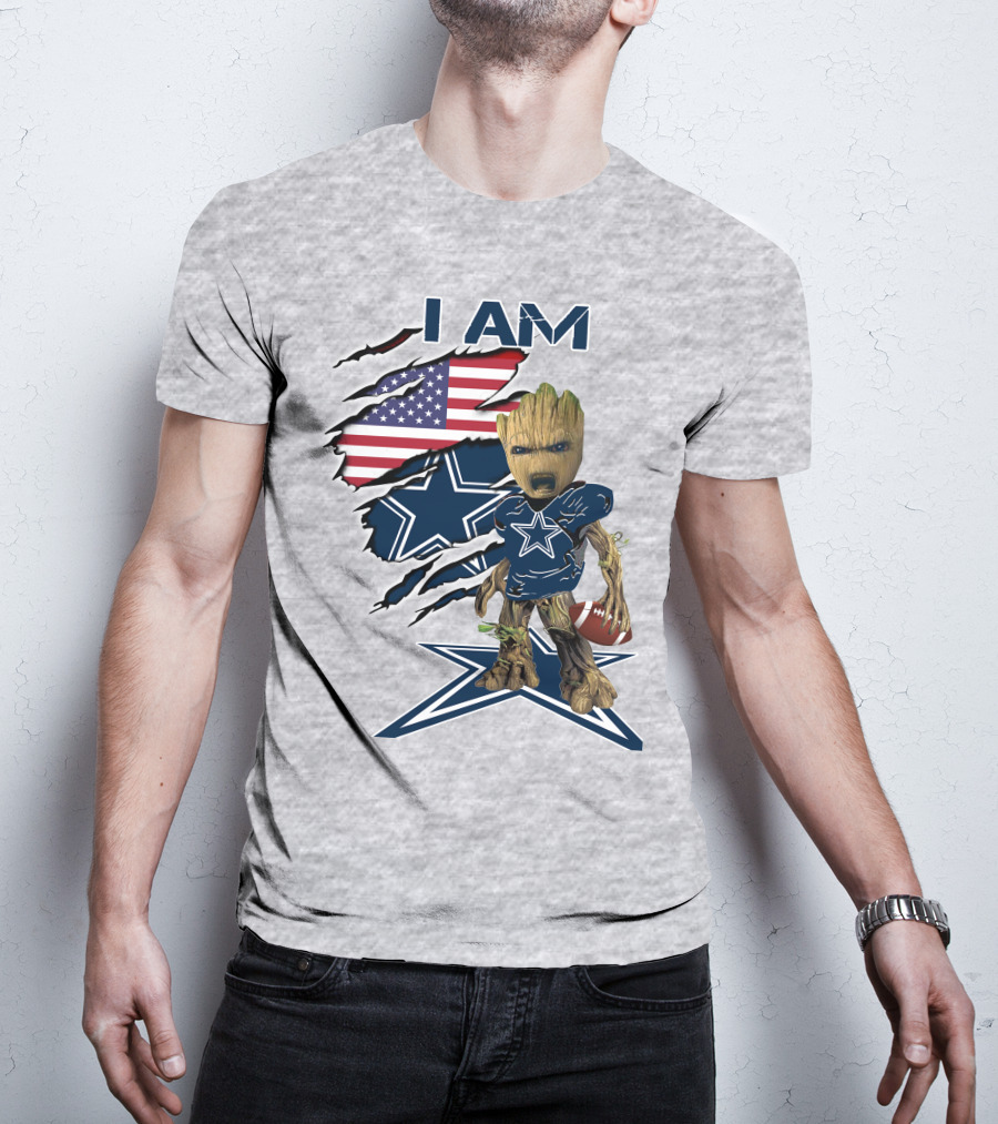 I Am Baby Groot Cowboys Fan With American Flag And Football T-Shirt