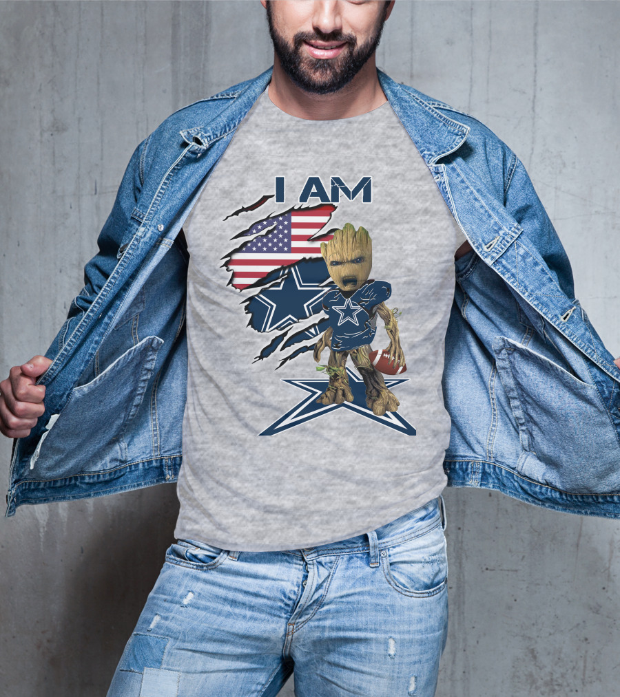 I Am Baby Groot Cowboys Fan With American Flag And Football T-Shirt