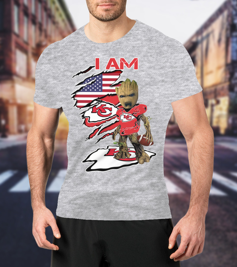 I Am Chiefs Baby Groot Kansas City Football American Flag T-Shirt