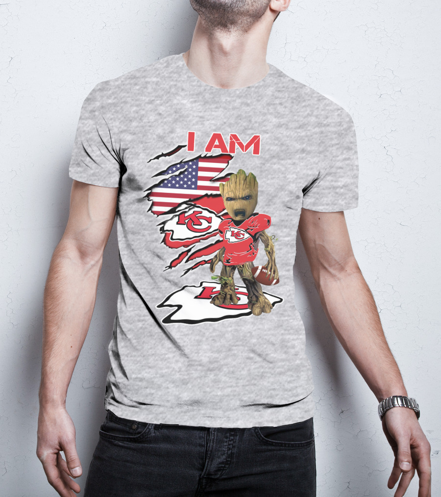 I Am Chiefs Baby Groot Kansas City Football American Flag T-Shirt