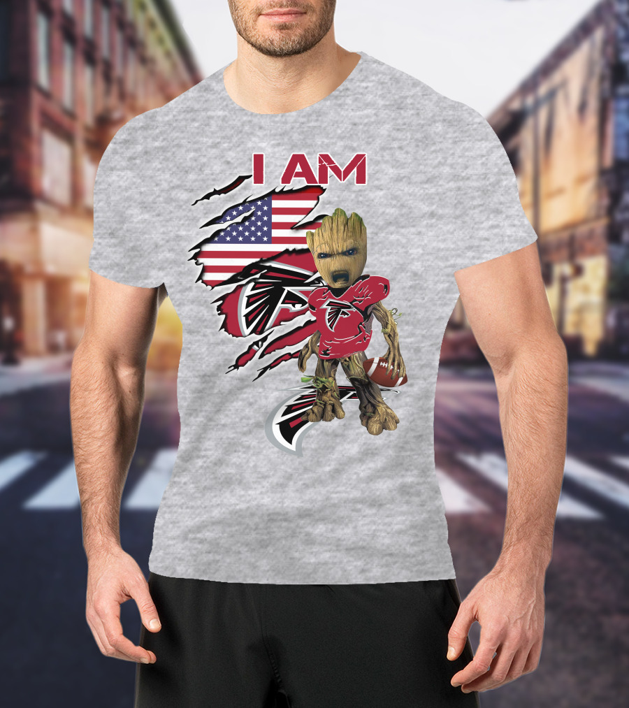 I Am Falcons Baby Groot Usa Flag Football T-Shirt