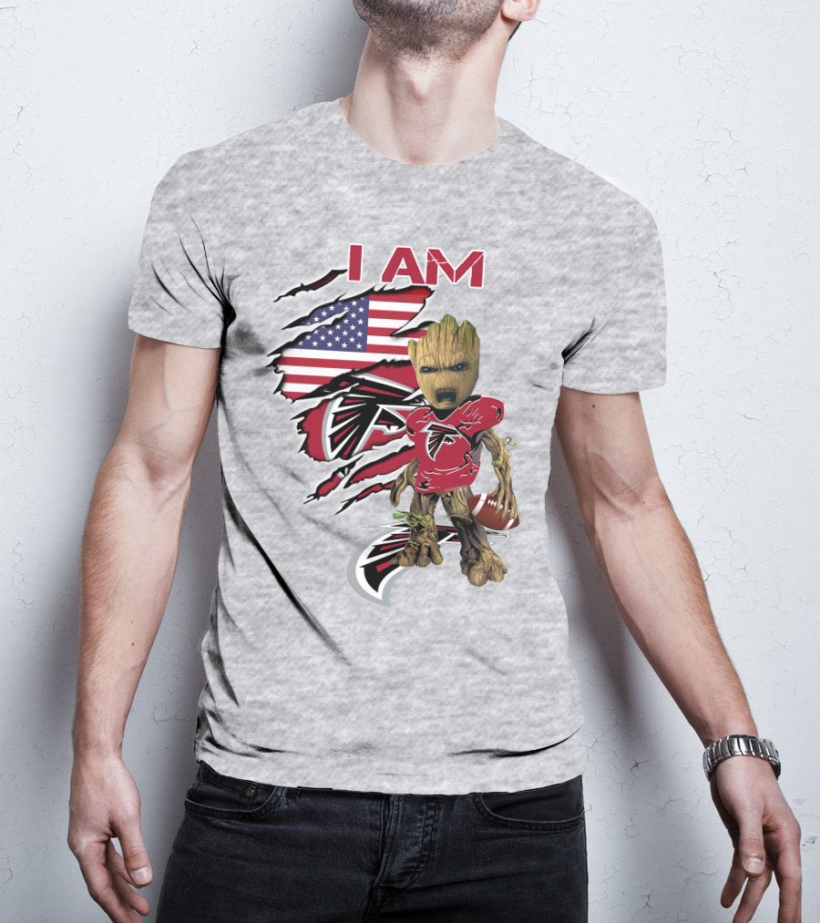 I Am Falcons Baby Groot Usa Flag Football T-Shirt