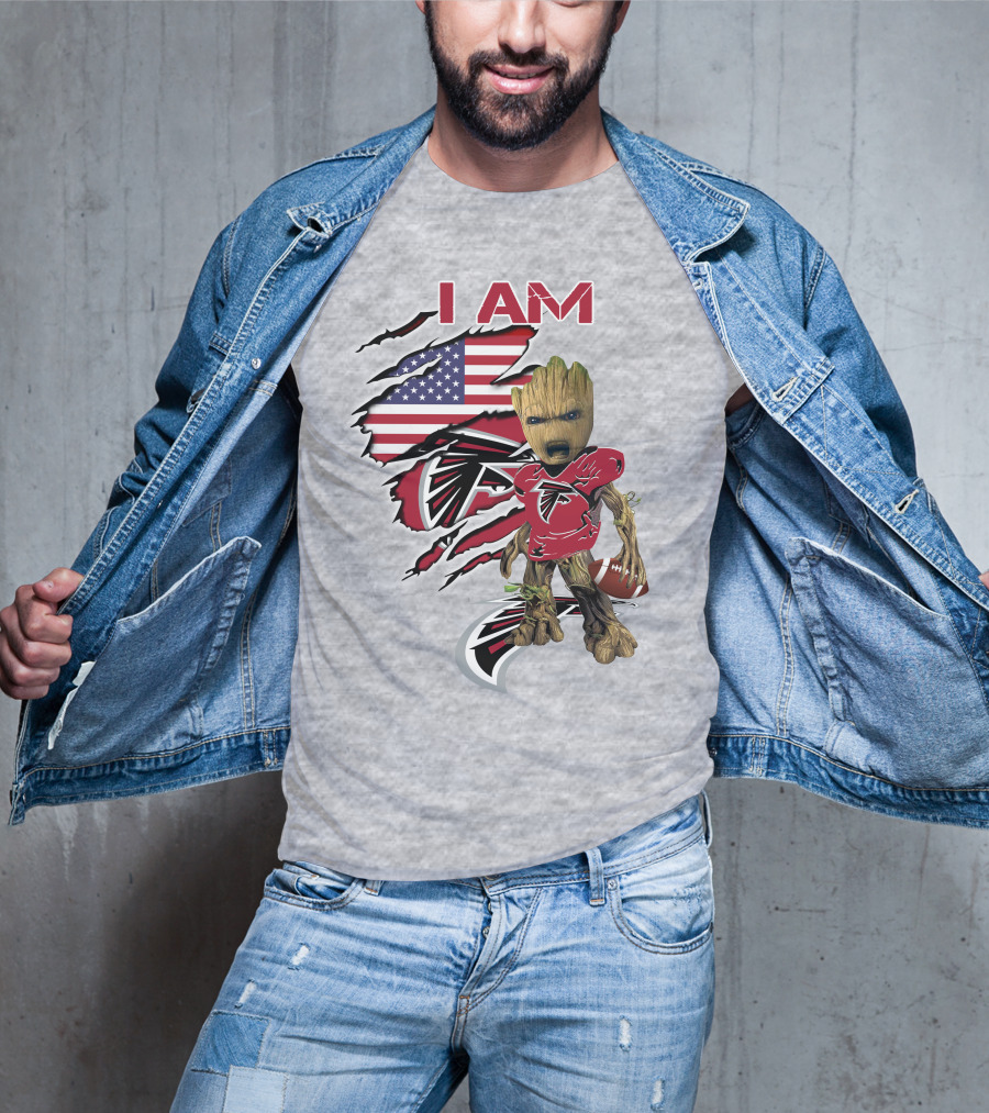 I Am Falcons Baby Groot Usa Flag Football T-Shirt