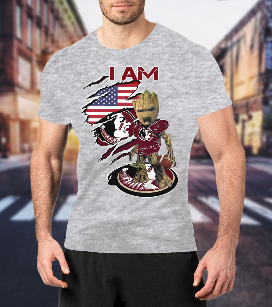 I AM Florida State Baby Groot Football American Flag T-Shirt