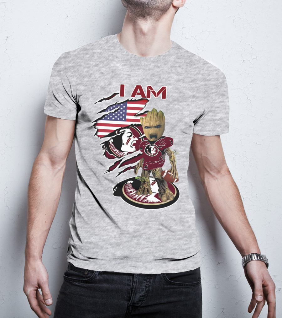 I AM Florida State Baby Groot Football American Flag T-Shirt
