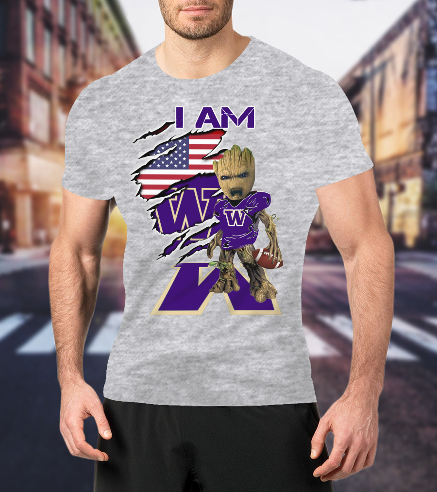 I AM Huskies Baby Groot Football USA Flag T-Shirt